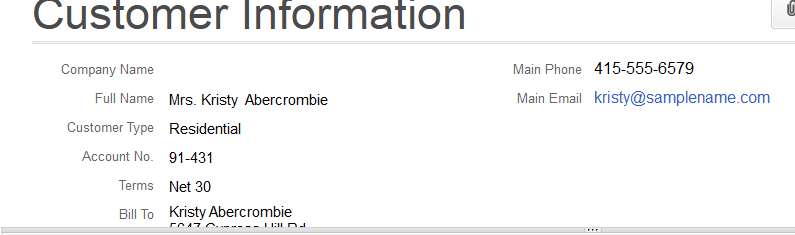 QuickBooks customer information panel