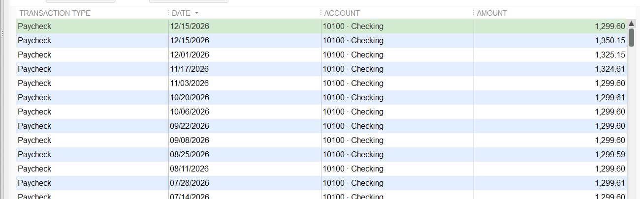 QuickBooks paycheck history list