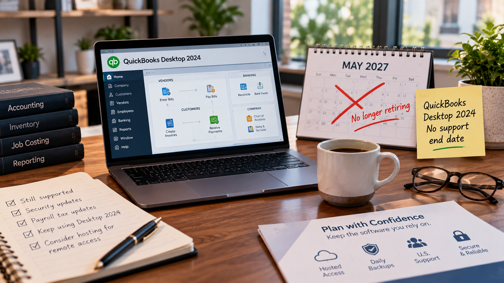 QuickBooks Desktop 2024 open on a laptop after Intuit canceled the 2027 deadline