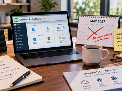 QuickBooks Desktop 2024 open on a laptop after Intuit canceled the 2027 deadline