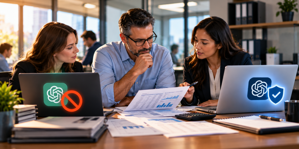 Accounting professionals reviewing client financial data and discussing safe ChatGPT use and AI policies.